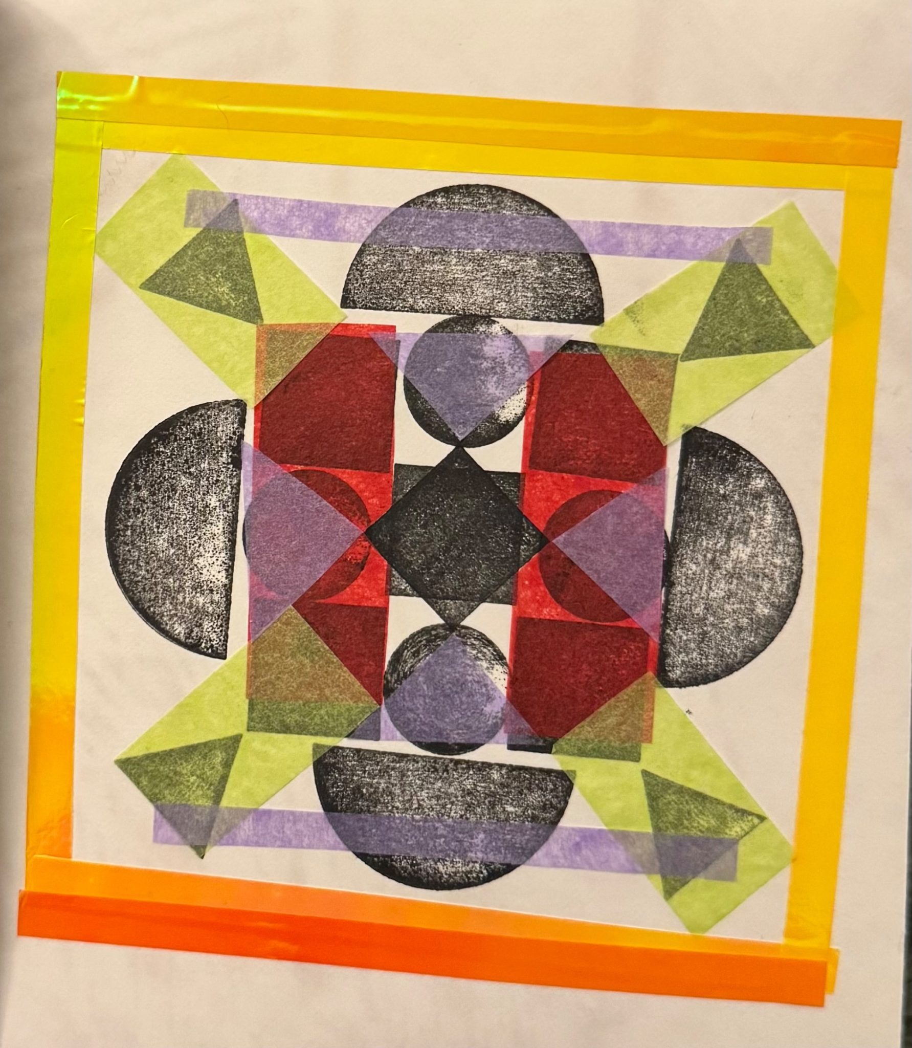 Black shapes (circles, triangles, squares) with layers of coloured pieces of tissue paper creating translucent layers (purple, red and green) with a border of shiny yellow and orange tape to create a patterned square.