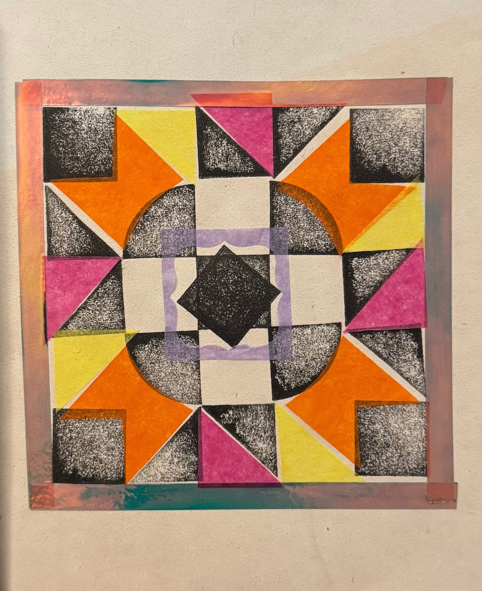 Black and white pattern using black ink and squares and triangles. The pattern is overlapped with yellow, pink, orange and purple tissue paper with a shiny green tape square as a border.