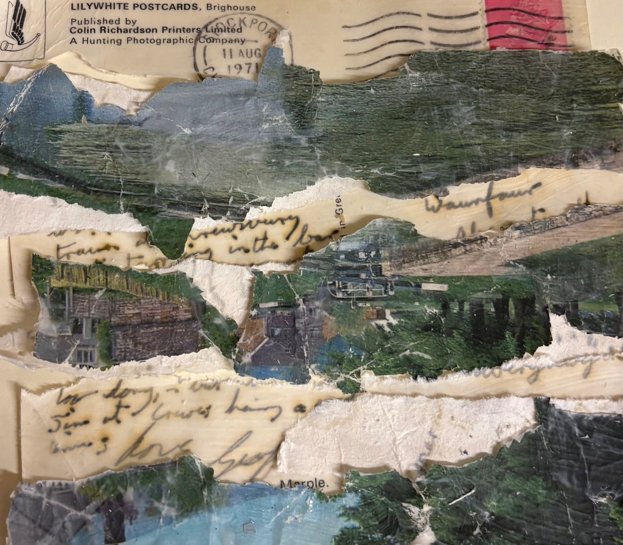 Postcard from 1971 separated and torn up then reassembled