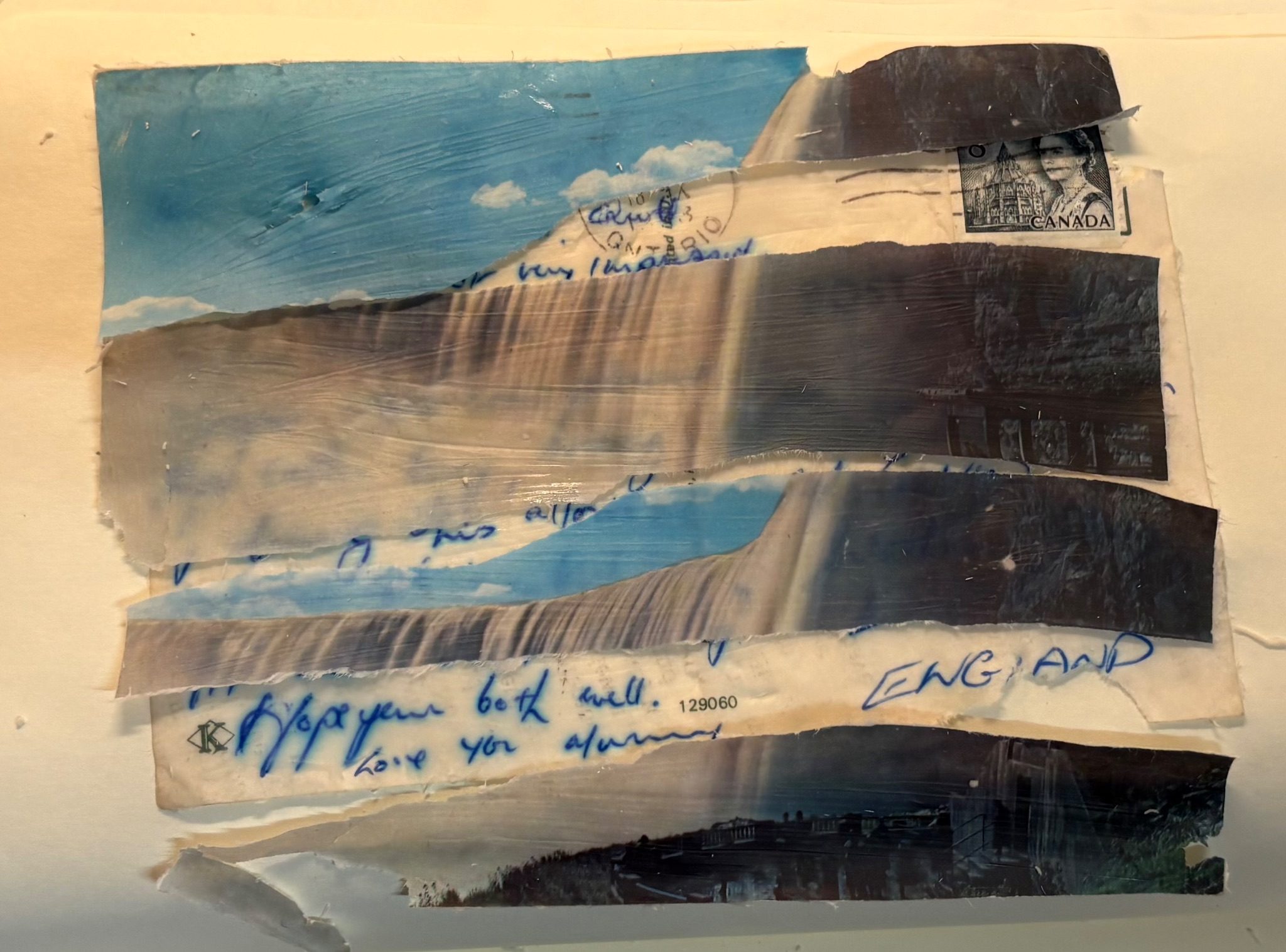 A postcard showing Niagara falls in Canada with front and back separated and layered back together in strips.