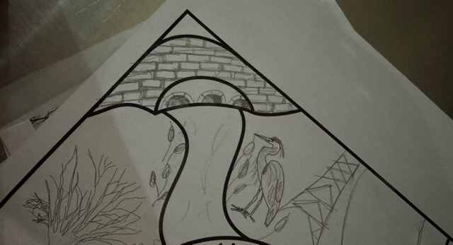 Pencil drawing on paper of bridge, river and pylon