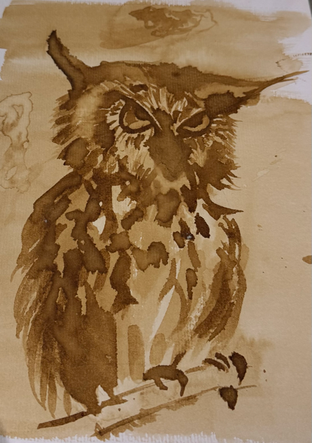 Owl on paper made from coffee stain