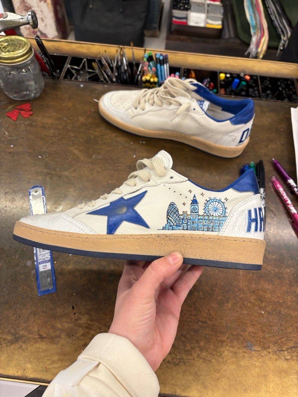 Hand painted London skyline on Golden Goose shoes