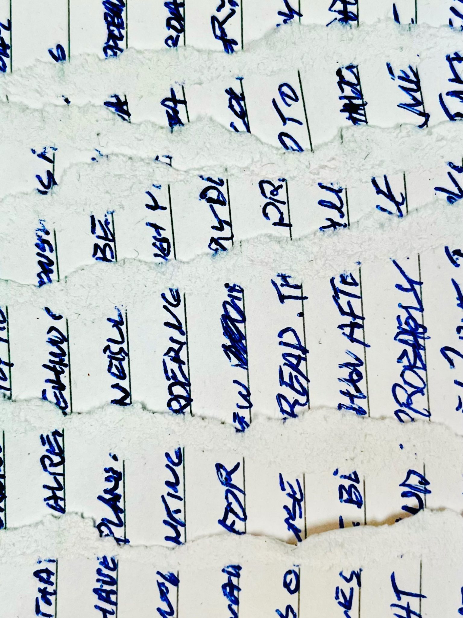 A collage made of a torn index card. There is text written in blue pen. The text is not legible. The tears create a repeating but random textural pattern.