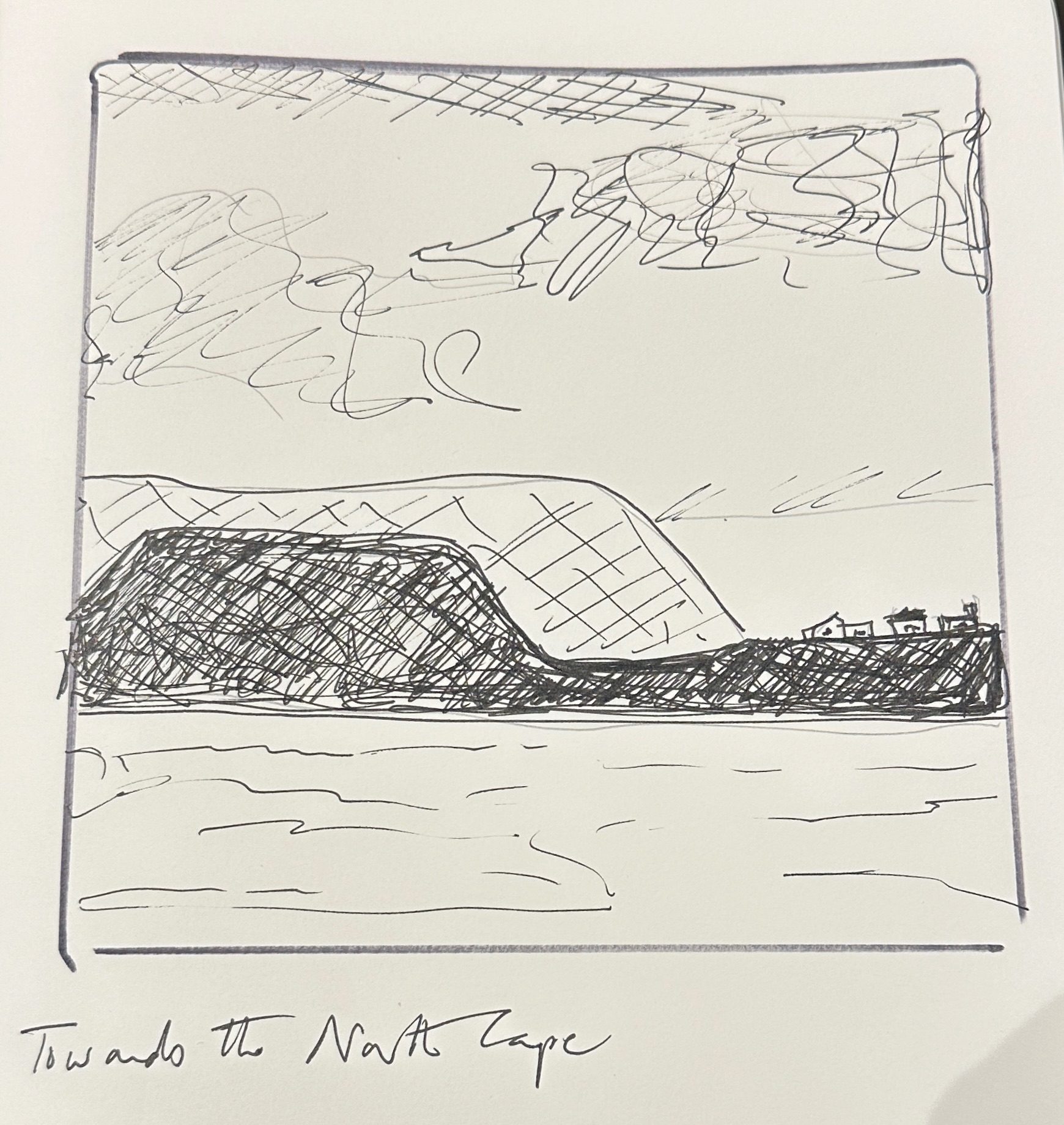 This series is about going up the coast of Norway in a boat …. Skyline - cloud - a few houses …ink sketch