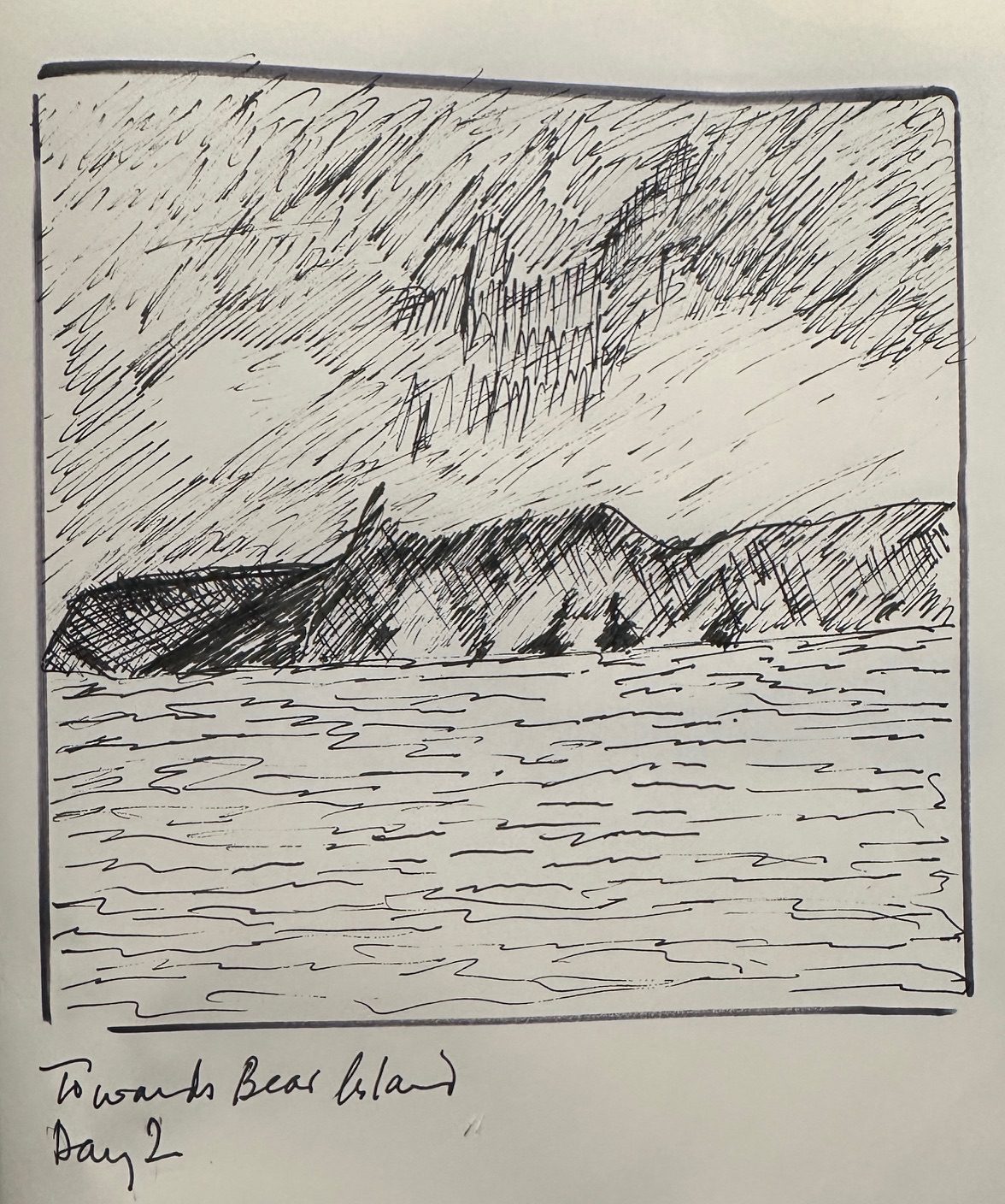 Ink sketch of island and clouds in Arctic waters