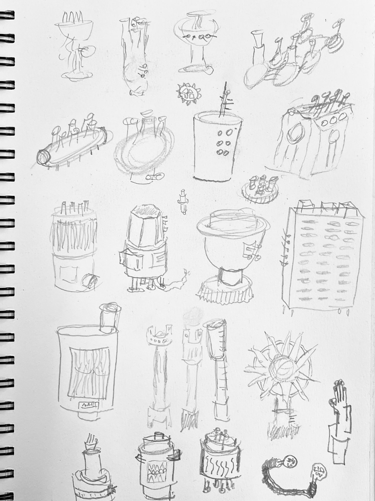 Sketches that loosely resemble car parts or catholic artifacts