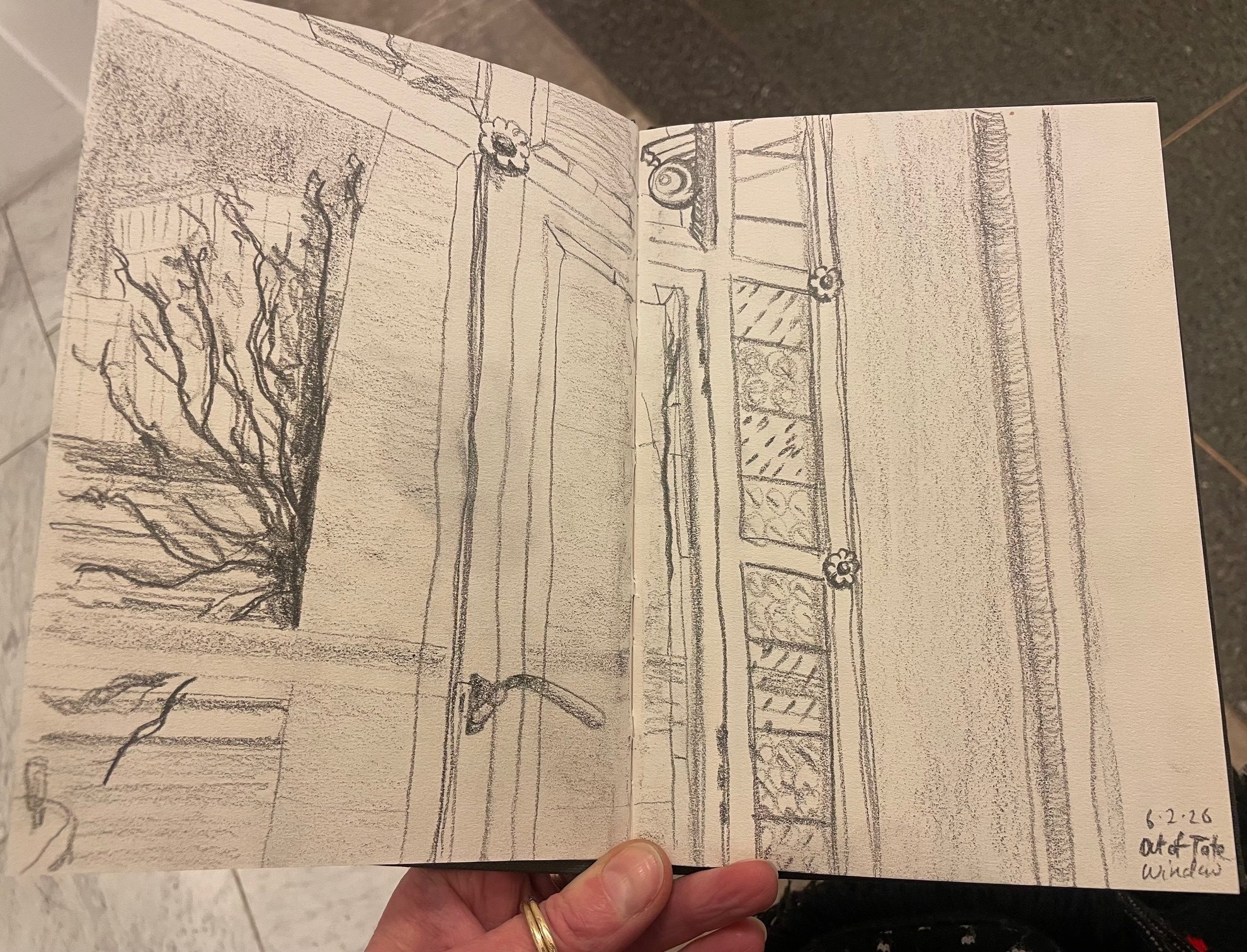 Quick pencil drawing out of a window at Tate Britain