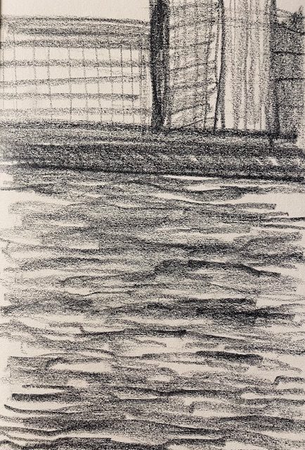 Quick pencil sketch of the Thames from a workplace window