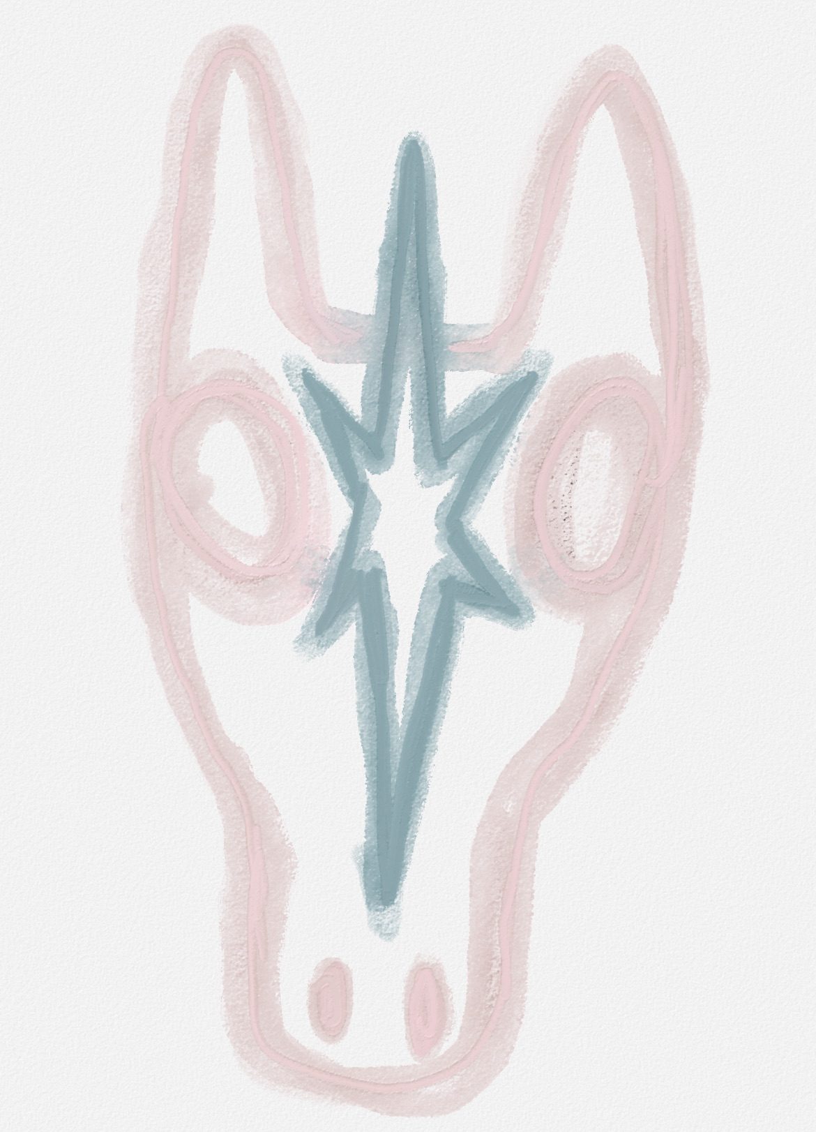 digital watercolor and oil pastel drawing of a pink horse with a blue star on its face