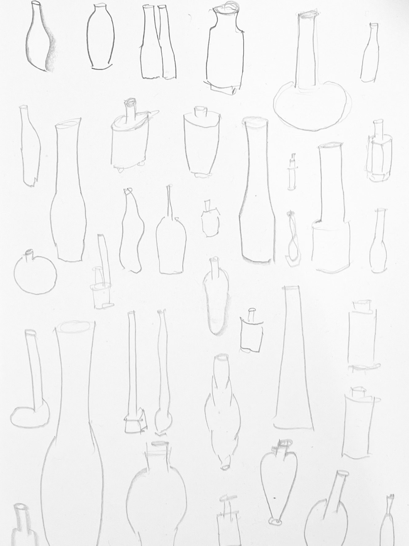 A page of pencil drawn bottles