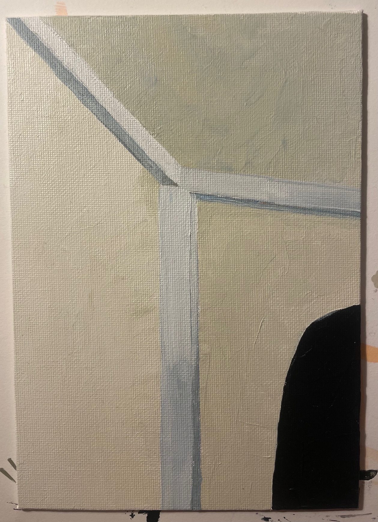 Small painting in neutral tones of a corner of a room. A black shape is on the bottom right hand corner