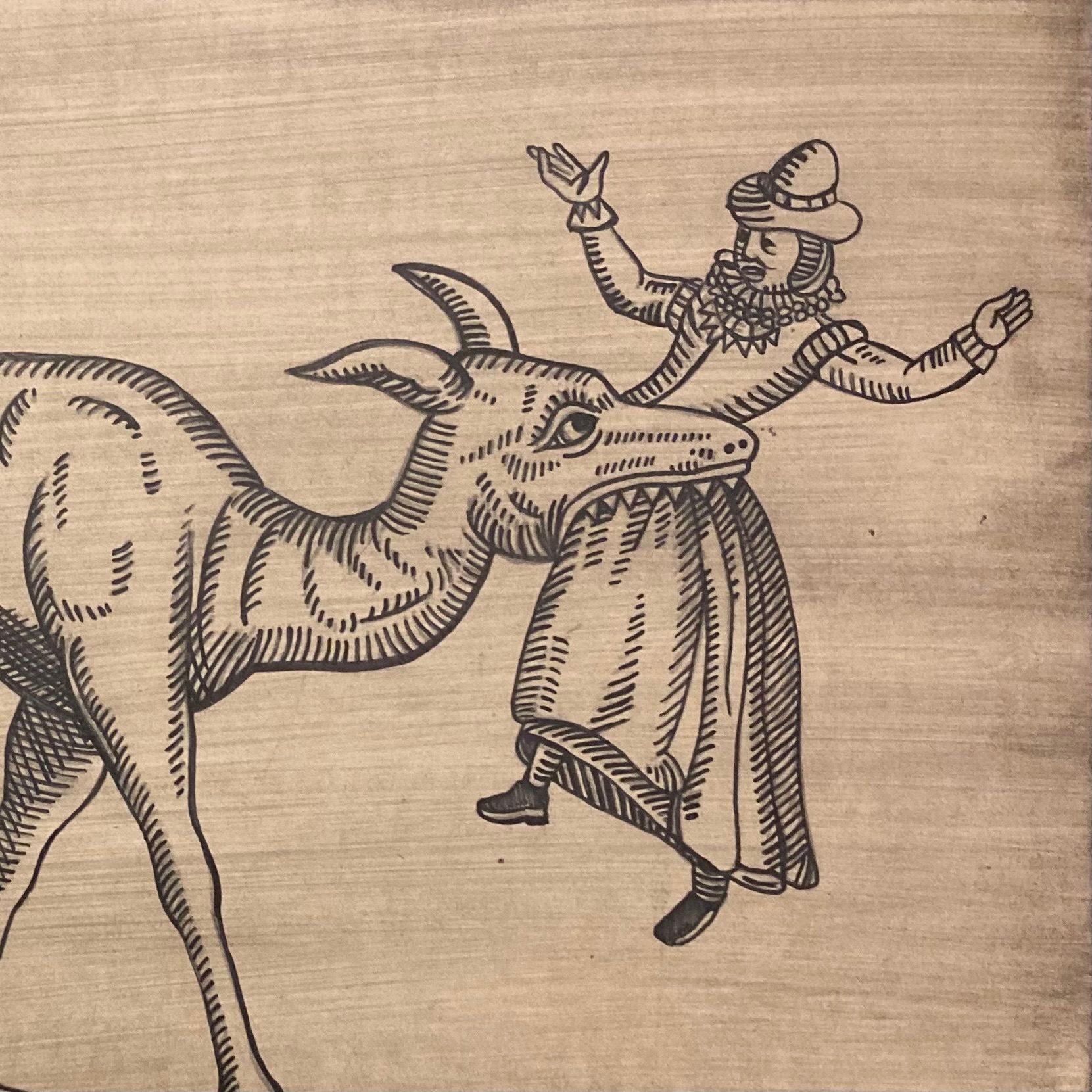 A medieval woman is being held in the mouth of a mythical beast who has sharp pointy horns and big fangs