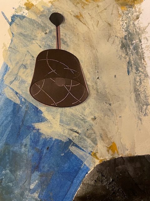 A painting and collage of a lampshade on a bedroom ceiling