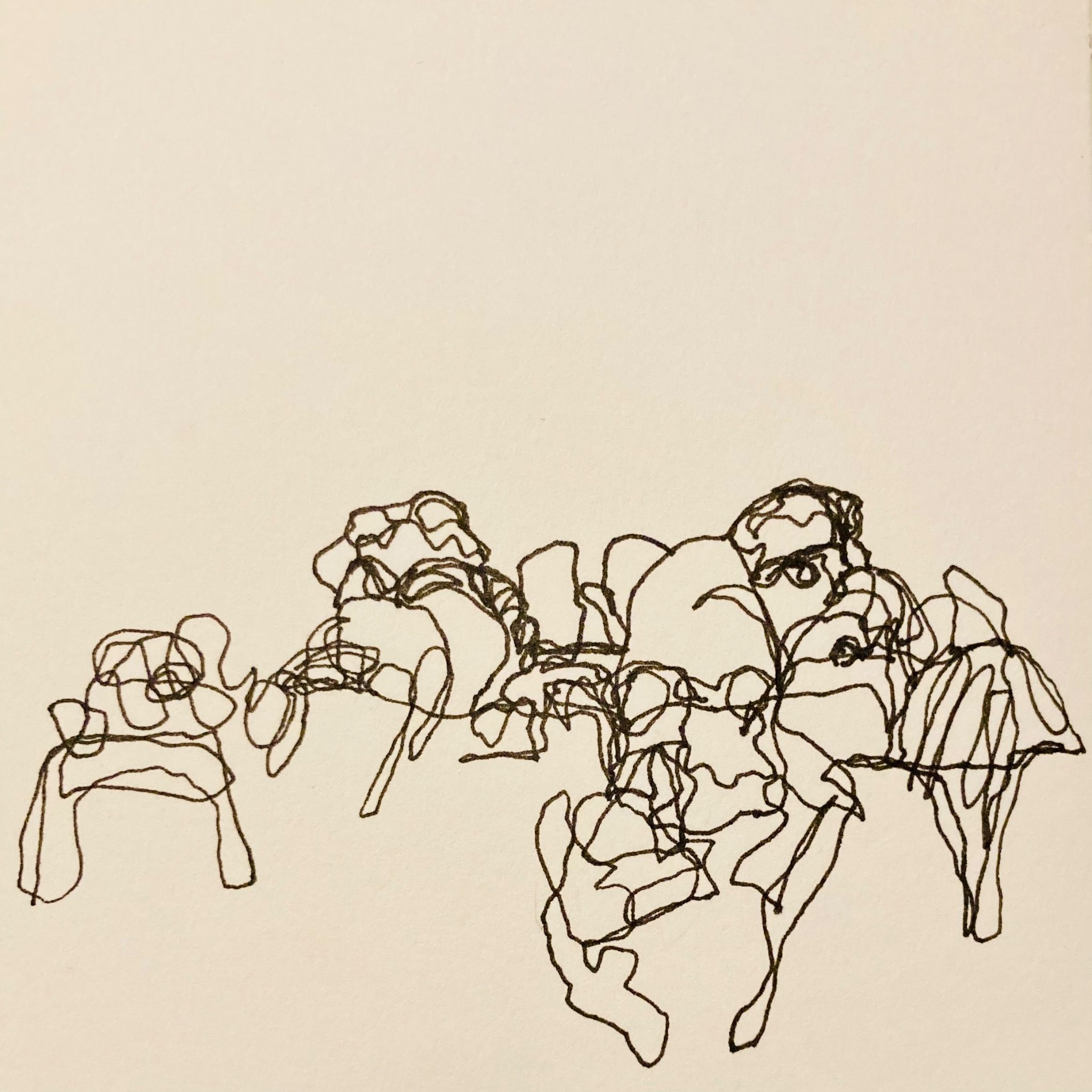 Continuous ink line drawing of commuters on a train all merging into one