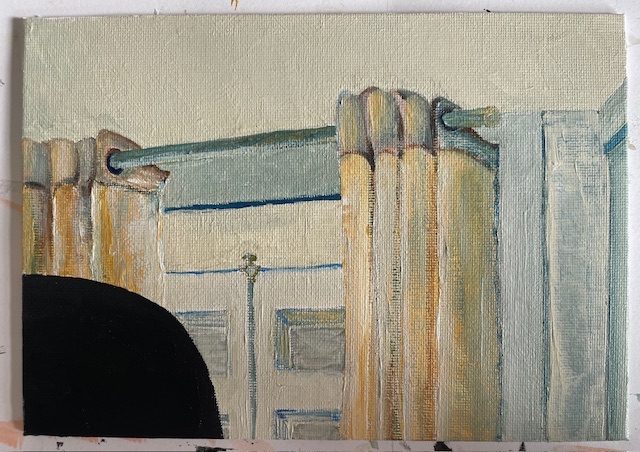 Small acrylic painting on board of curtains and a window with a black shape in the bottom left hand corner