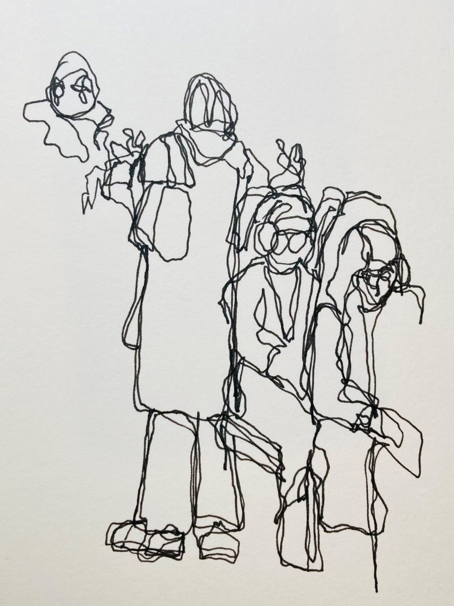 Continuous line drawing of commuters in a train some standing and others sitting