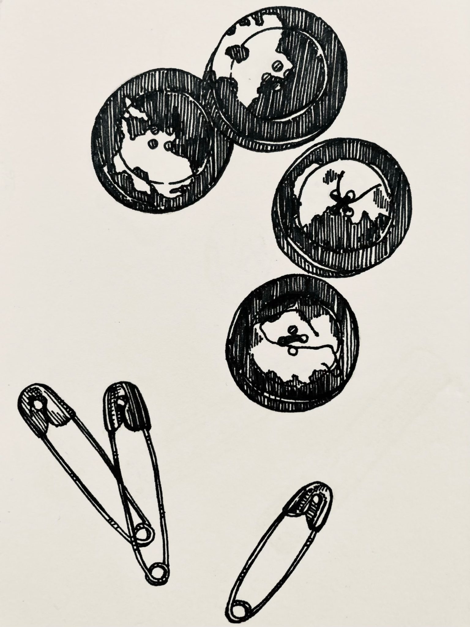 Black fineliner drawing of four two-tone buttons with frayed thread and three safety pins