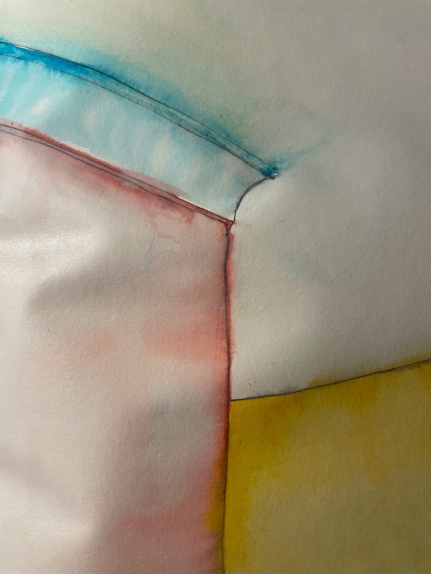 A simple watercolour sketch of 2 walls (1 with coving) and a ceiling