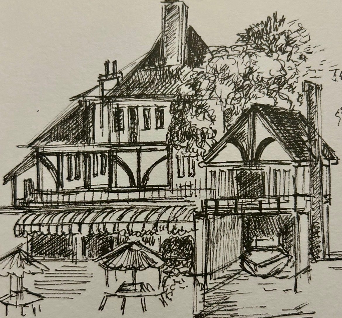 A line drawing of a pub
