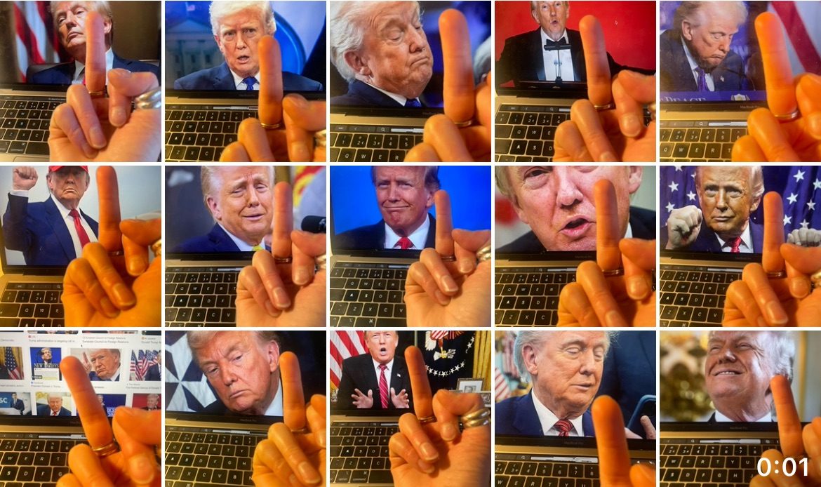 Multiple photos of a hand (mine) giving the finger to Trumps photo on a laptop screen. Pointless rage but made me feel better