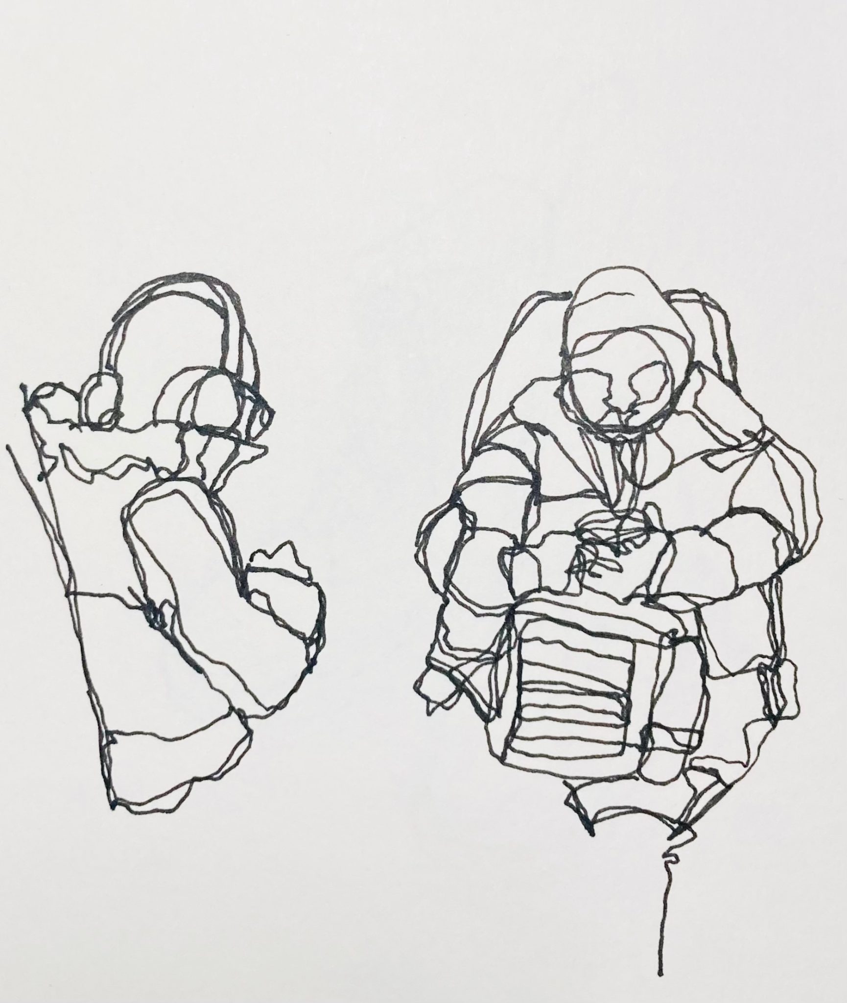 Line drawing of two seated figures. The figure on the left the wears a large pair of headphones whilst the figure on the right has a large rucksack on their lap