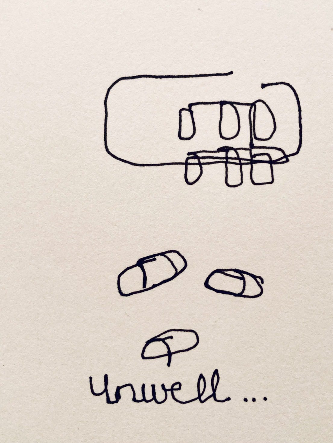 Line drawing of a packet of tablets below which are three individual capsules and the word unwell