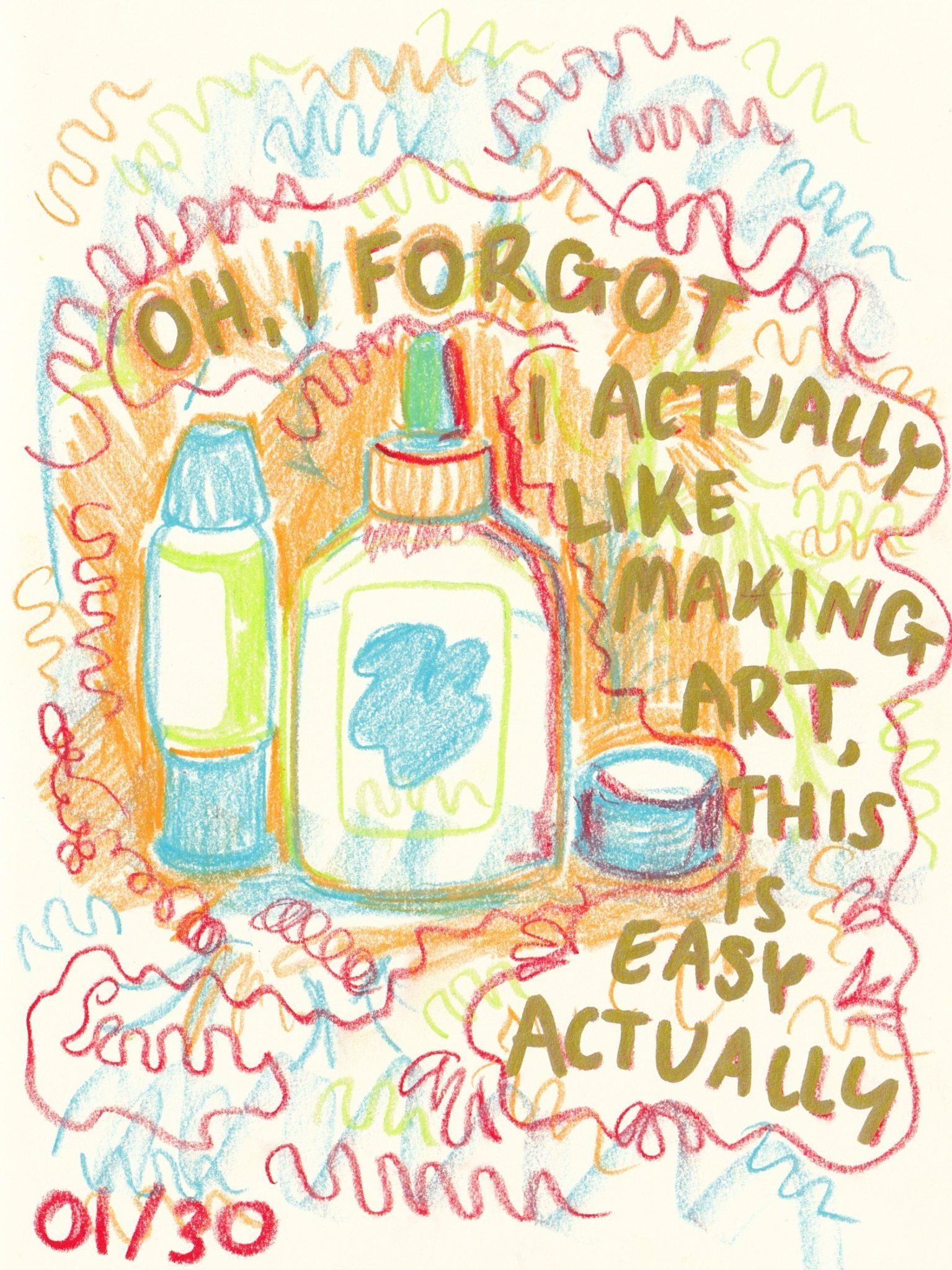 wax pencil sketch of glues and tapes with colourful scribbles and doodles as the creative juices start flowing