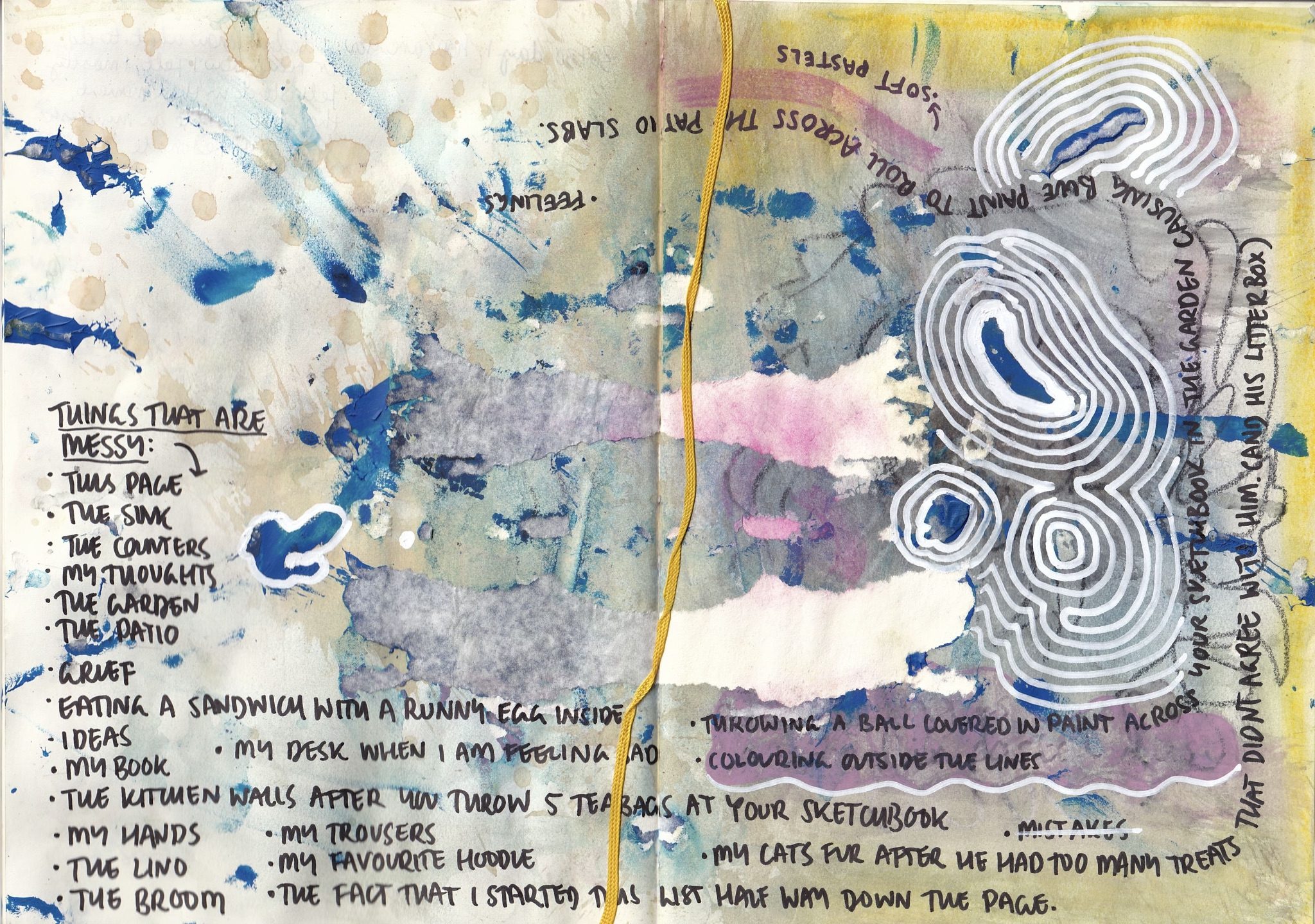 a page of mess, smudged soft pastels, splotches of paint and teabag splatters with text about things that are messy