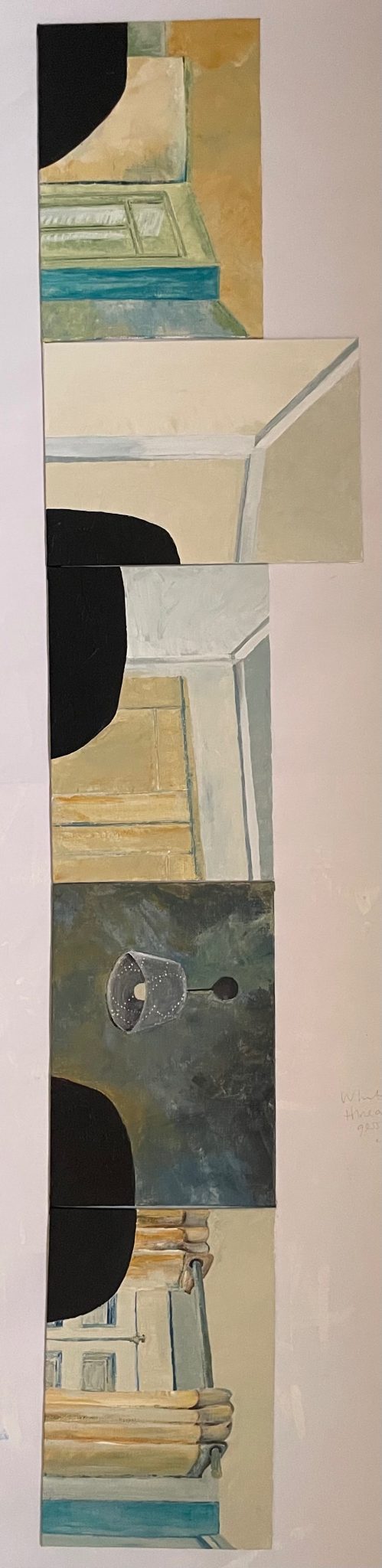 A series of small acrylic paintings of interiors with a black curved shape in the corner of most