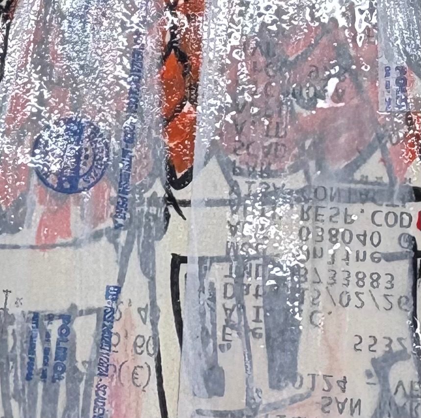 Mark making partially concealed by transparent collaged material