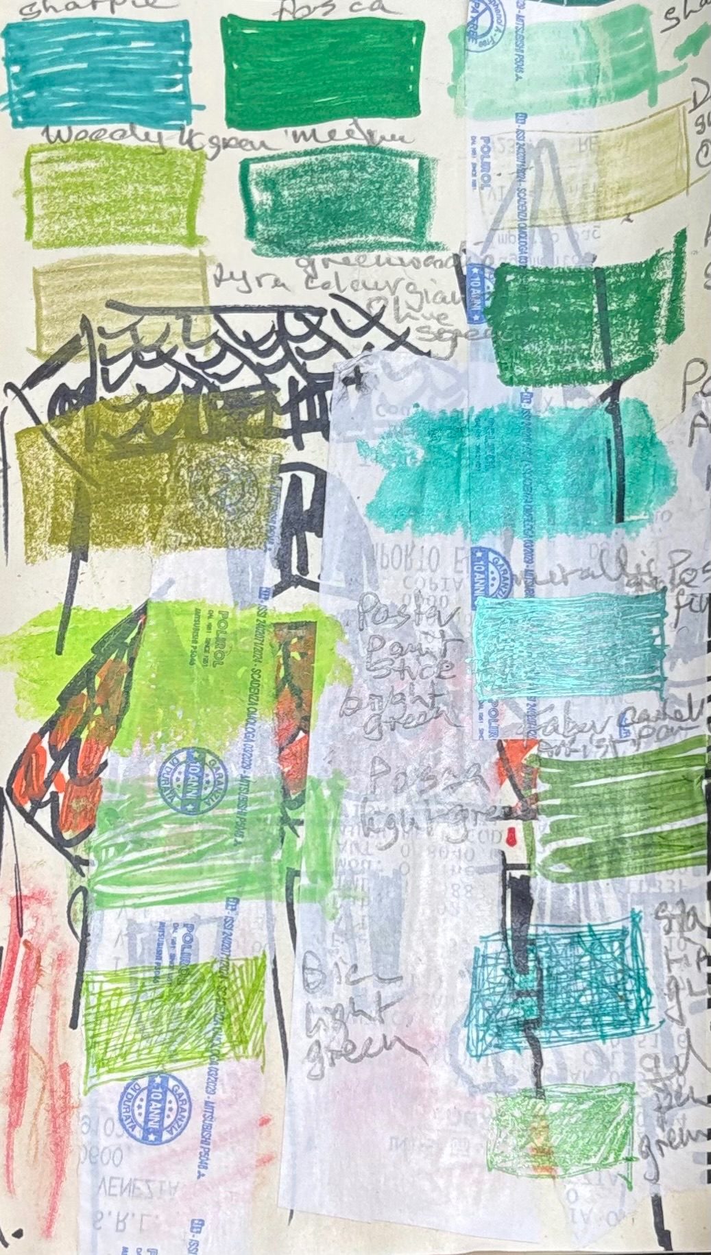 17 different greens using felt tips, Posca pens, sharpie, woodies, on top of a mixed media drawing