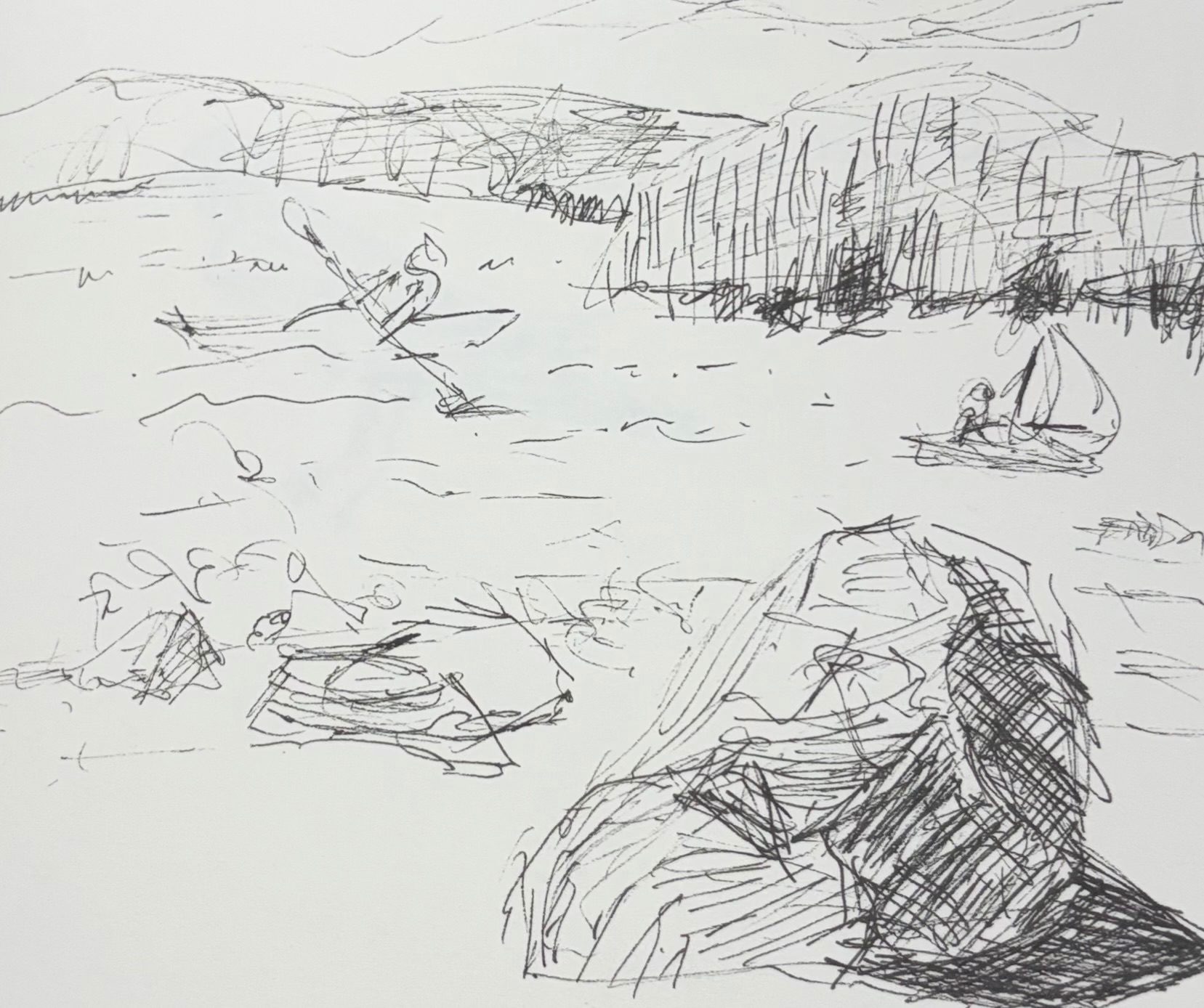 Sketch of someone boating on a river