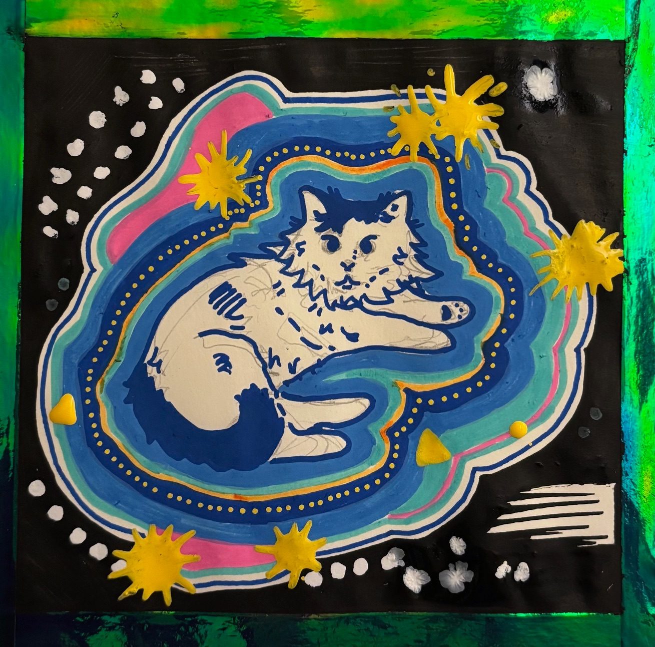 drawing of a cat using paint markers, outlined multiple times on a black background with starlike paint explosions overlapping