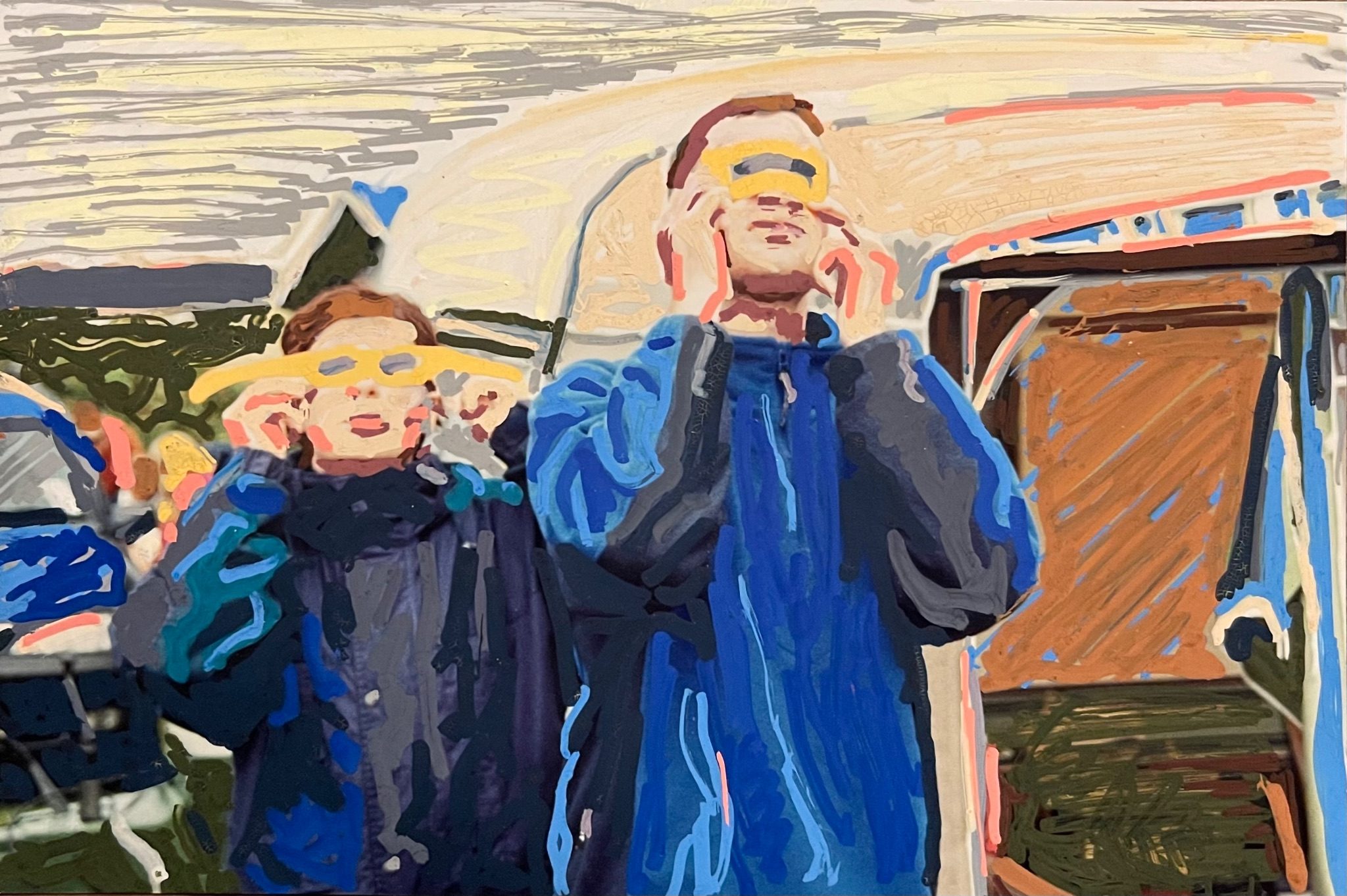 2 people with special glasses looking at sky in a caravan site. Acrylic pen on photo.