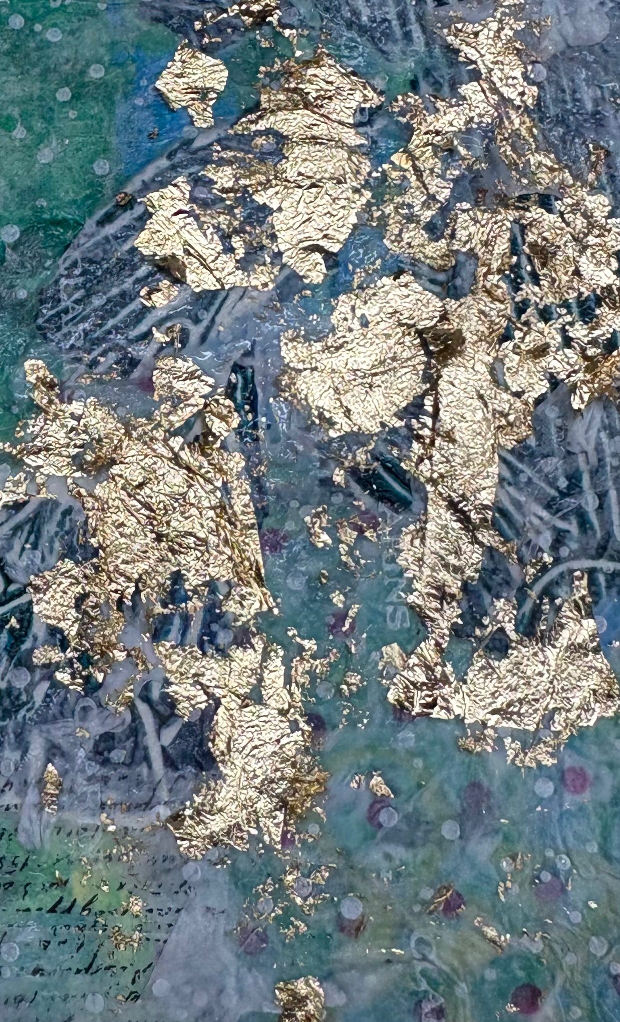 Collage of mixed green paints, found tissue paper, paste paper - green with gold leaf