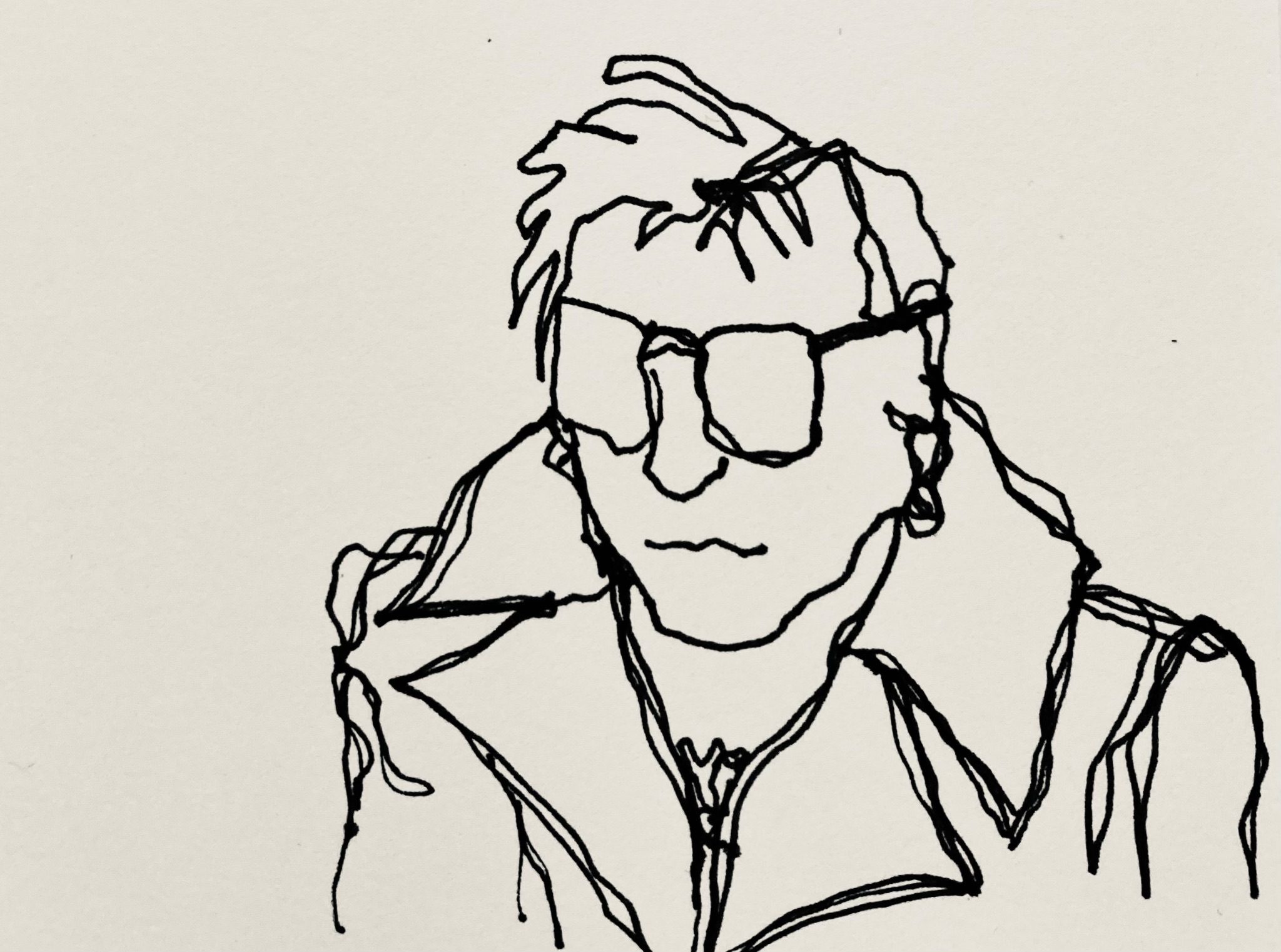 Fineliner drawing of a woman with big glasses wearing a large collared coat