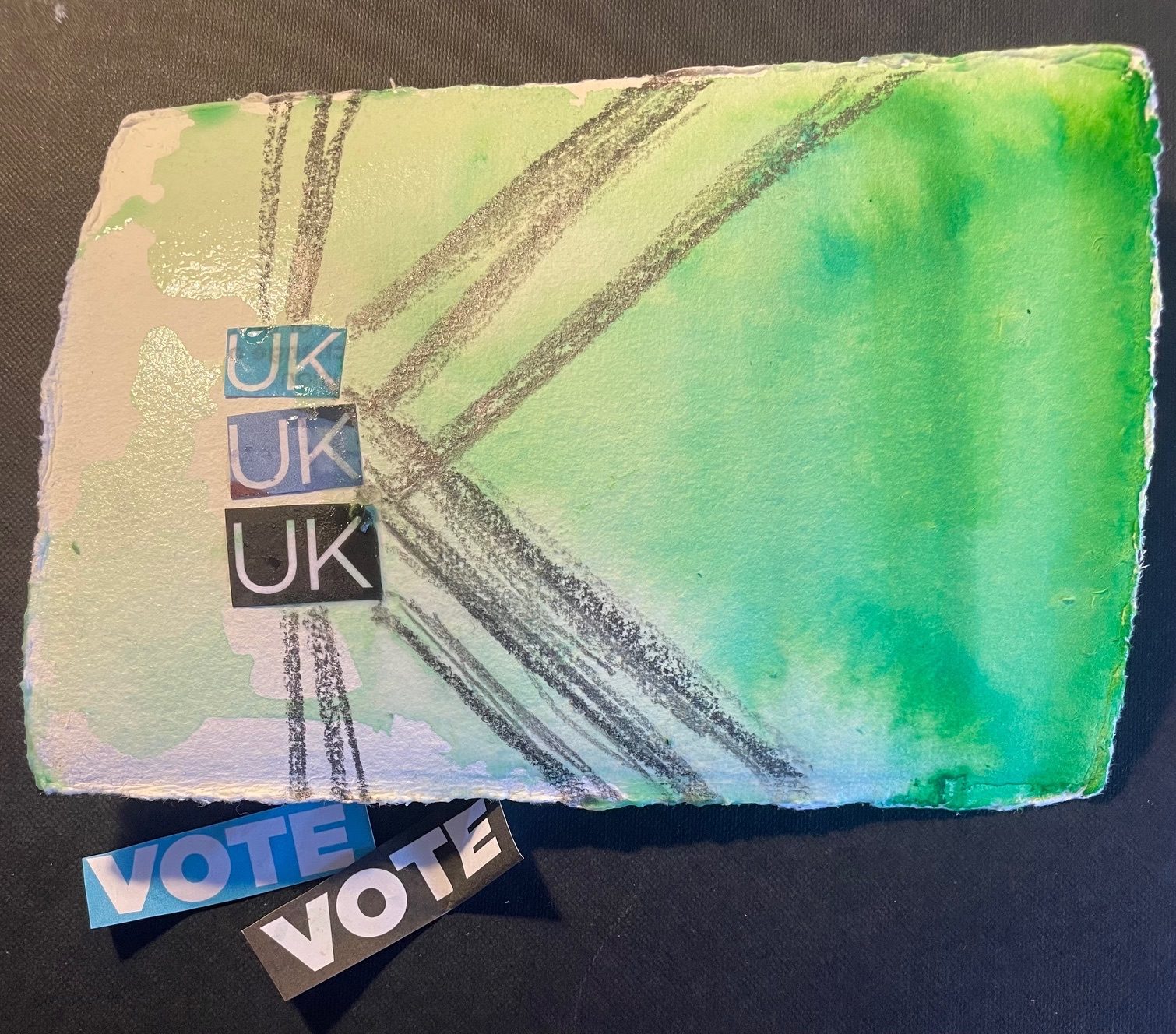 Collage of 3 UKs (from a Reform election leaflet) against a green background