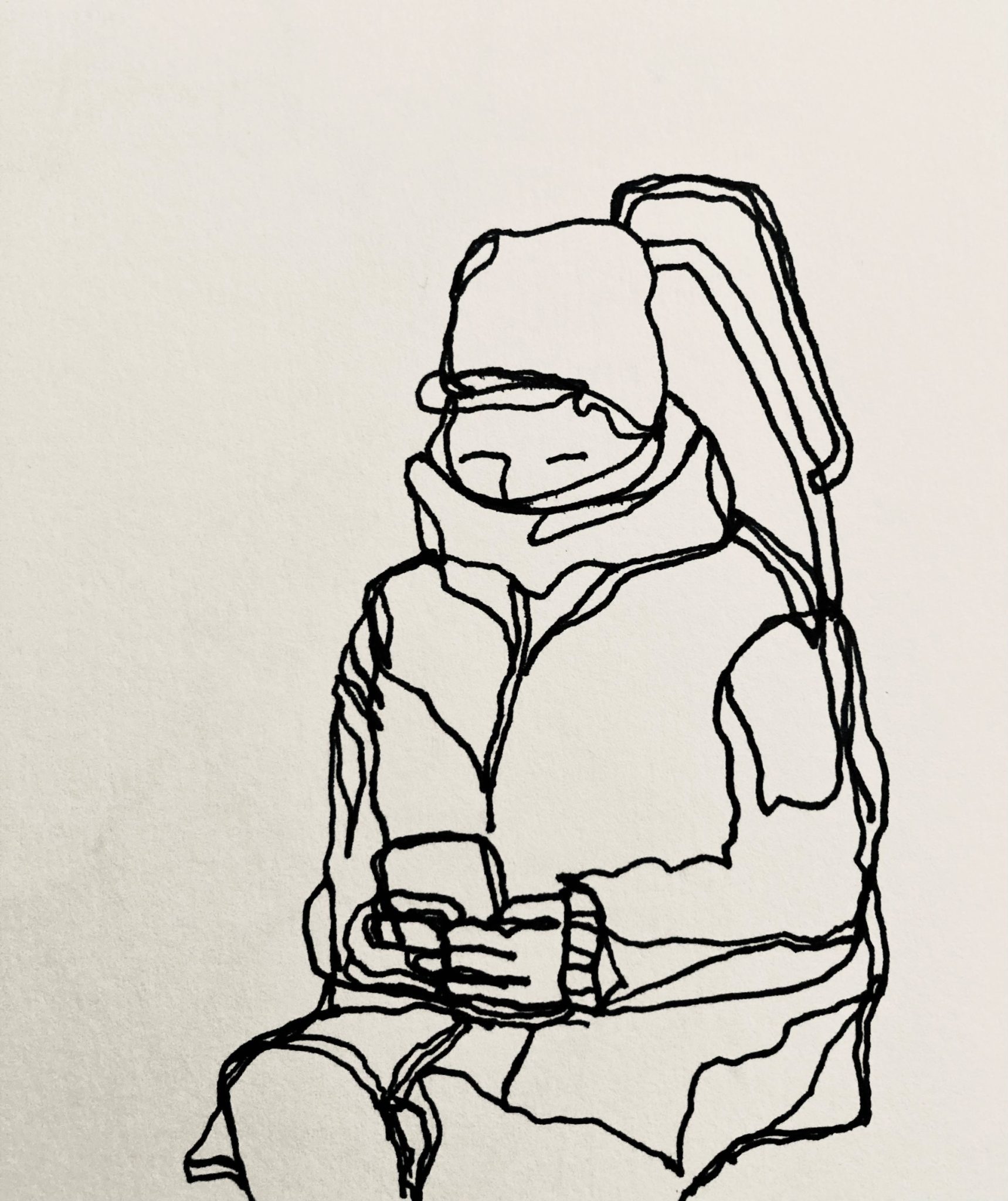 Fineliner drawing of a seated woman on a train. She is wearing a wooden hat and swaddled in a large neck warmer hiding the bottom half of her face whilst staring intently at her phone