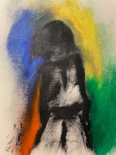 A quick oil pastel sketch of a figure in black surrounded by bright colours