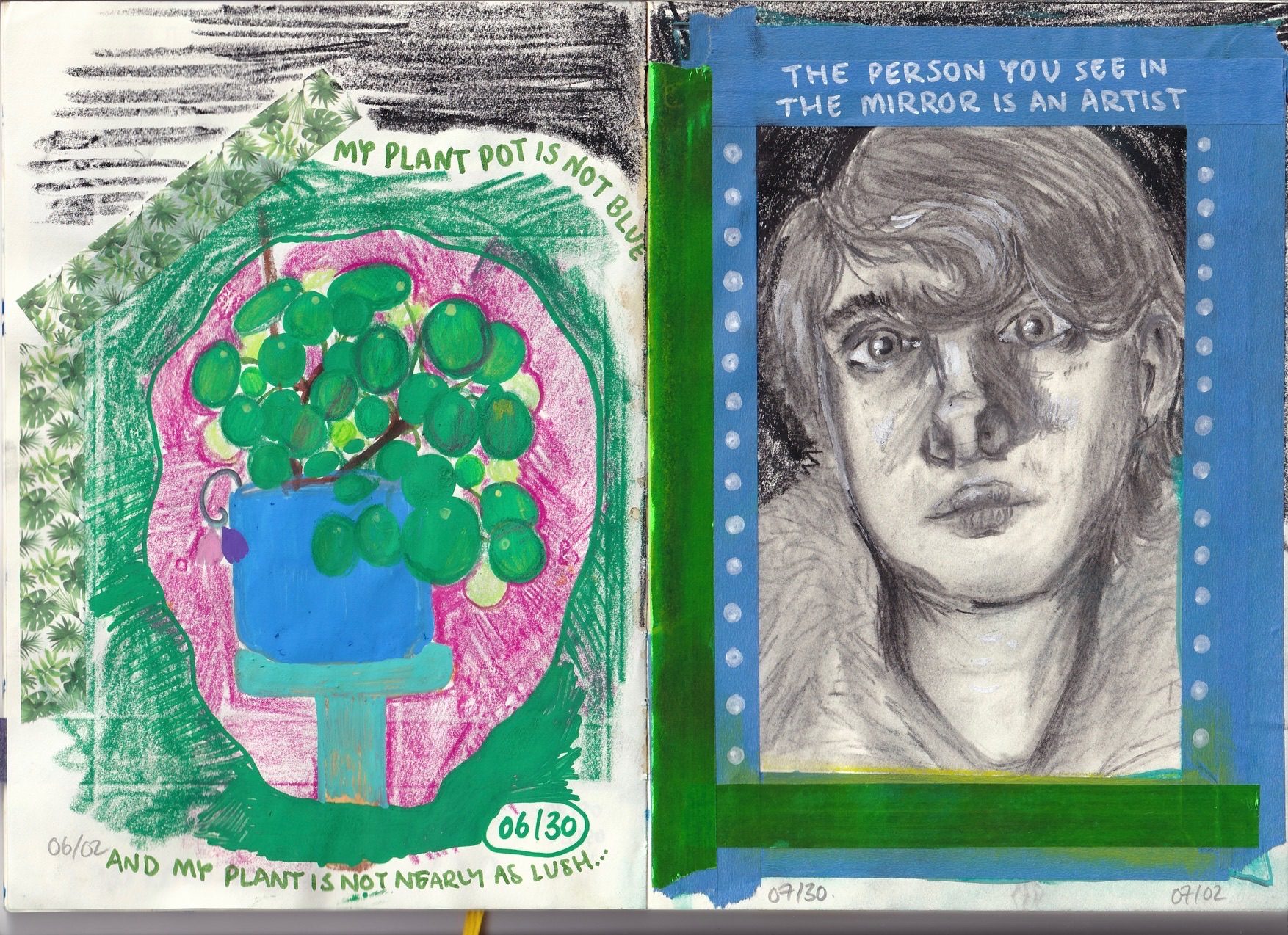 self portrait in charcoal/pencil framed with tape