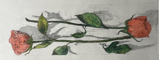 A soft ground etching with watercolour two red roses laid on a surface with stems.