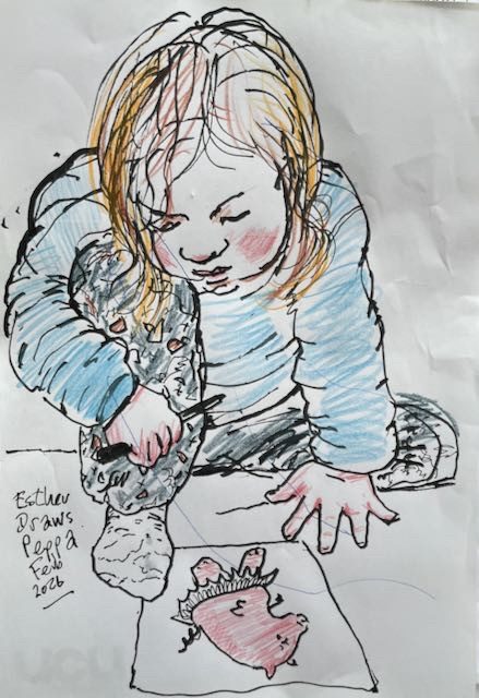 A drawing of a young child drawing Peppa pig ..