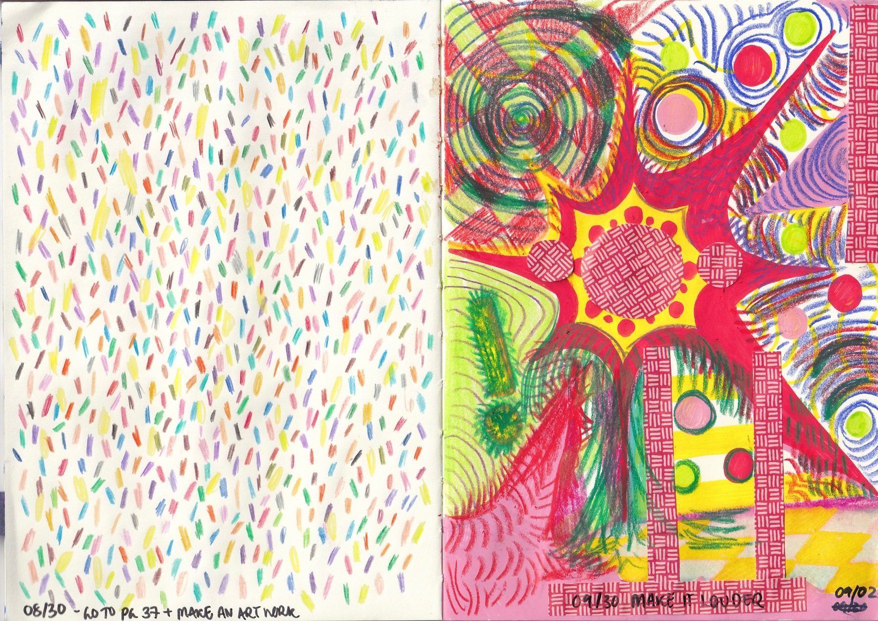 two page spread featuring scattered dashes of colour pencils next to a mixed media page with bright vibrant patterns and colours that visually clash and disrupt