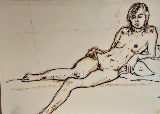 Life drawing in zig pen on soft cut Lino.