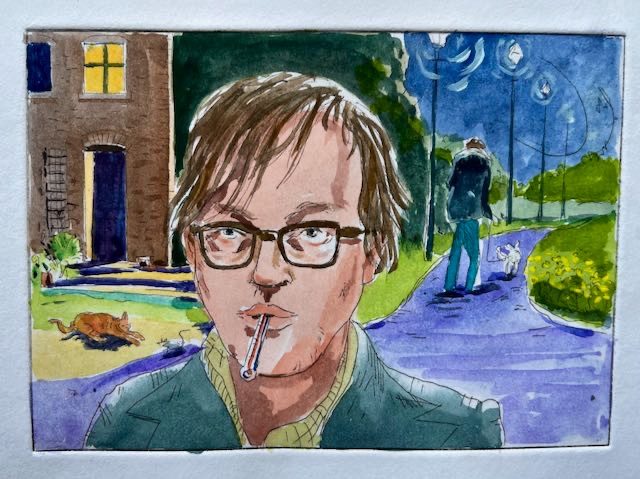 Etching with watercolour. a man with a thermometer in his mouth in front of a house while a cat and mouse spar - in the distance a man walks a dog.