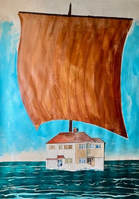 Collage on paper. A house with a large sail in a sea.