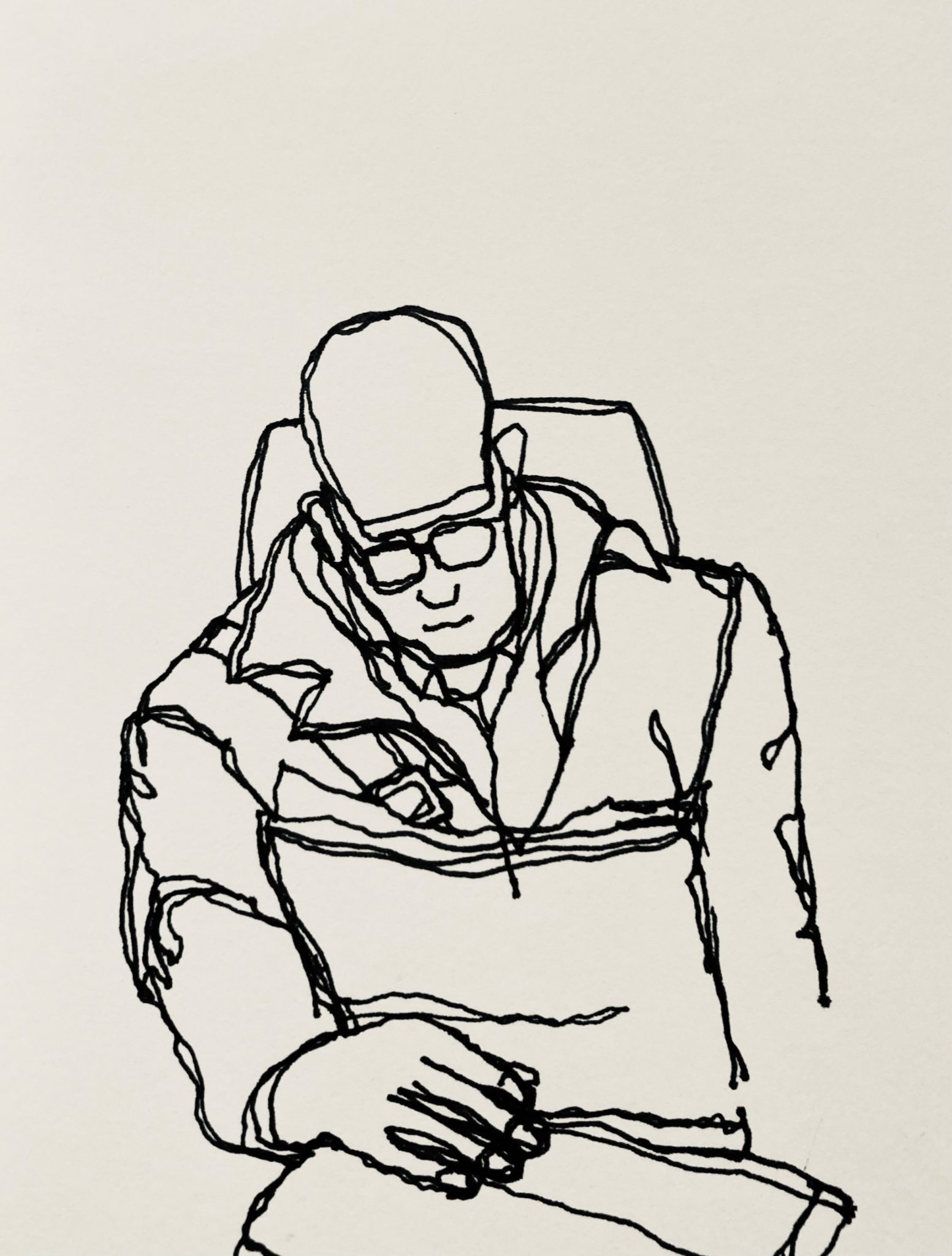Line drawing of a man reading a newspaper and wearing a flat cap