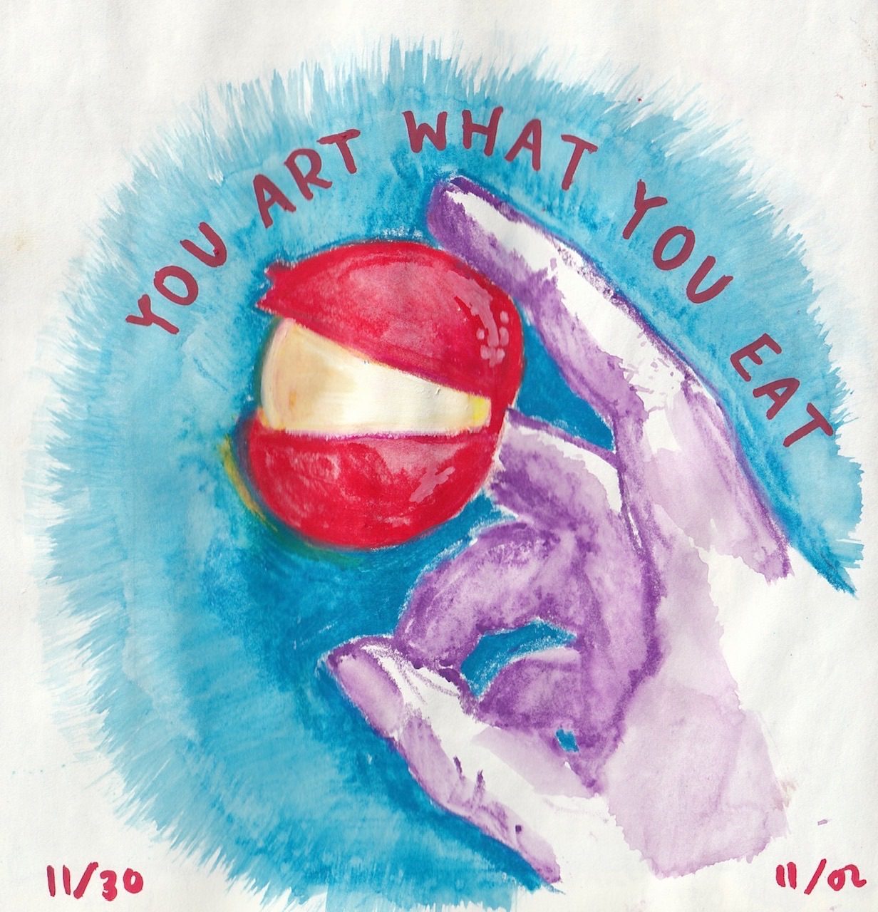 vivid watercolour wax pastel drawing of a purple hand holding a babybell with red text “you art what you eat”