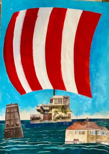 Re working of a picture for Simons poem.. three houses float on a sea with a huge sail taking the wind.